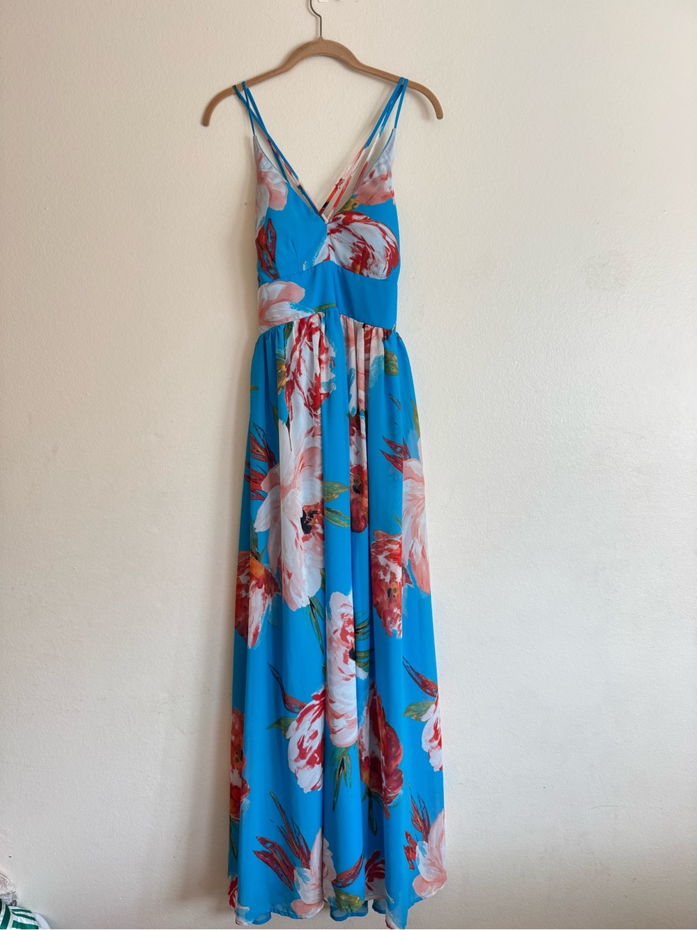 Bisou Bisou Blue Floral Maxi Dress with Pink & Red Blooms